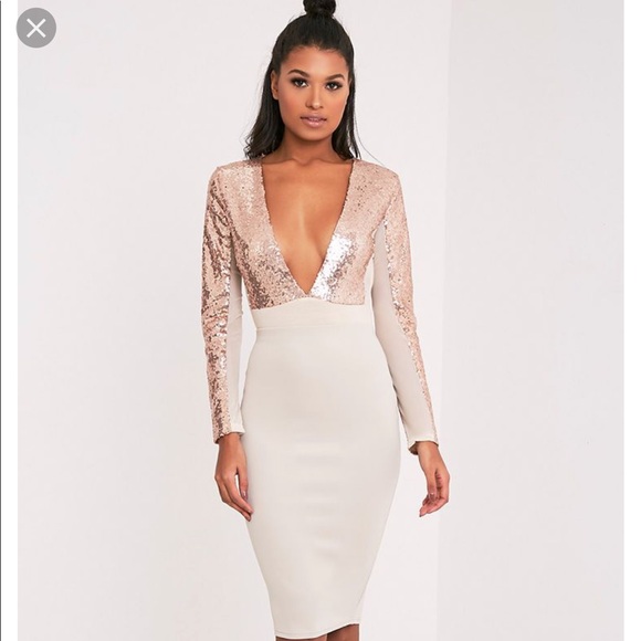 PrettyLittleThing Rose Gold Sequin Bodysuit - Picture 1 of 7